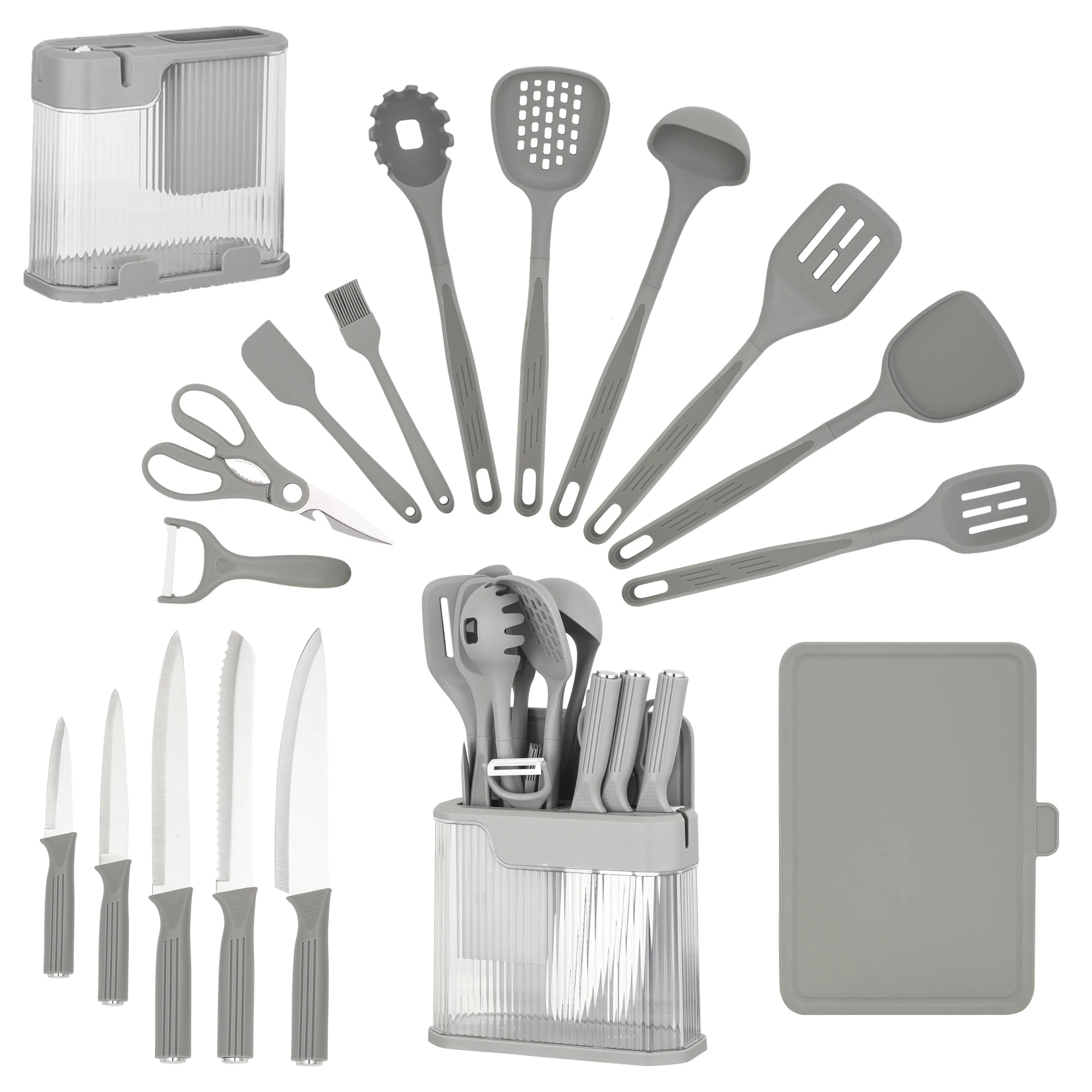 17Pcs Silicone Kitchen Utensils Set with Knife Block Stainless Steel Kitchen Knives Set Non-Stick Cooking Tools Scissors Peeler