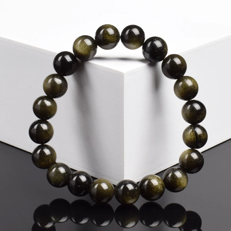 Golden Obsidian Stone Beads Bracelet Men Women Golden Light Rainbow Obsidian Raw Stone Round Bead Natural Energy Jewelry