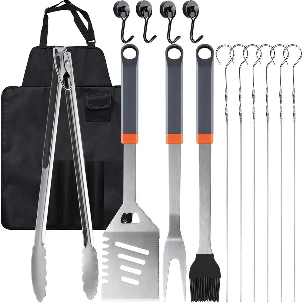 Premium 15-Piece BBQ Grilling Set with Tongs, Skewers, Stainless Steel Utensils, Hooks, and Storage Bag for Outdoor Cooking and