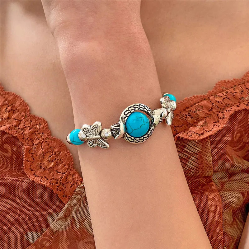 Vintage Silver Turquoise Bead Bracelet for Women Butterfly Charm Round Stone Wrist Chain Bohemian Fashion Jewelry Gift
