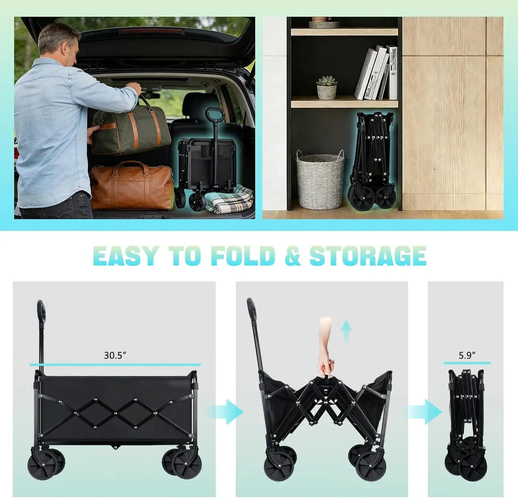 Collapsible Wagon Cart with Wheels Foldable - 360LBS Heavy Duty Folding Utility Wagon for Beach Camping Grocery Shopping