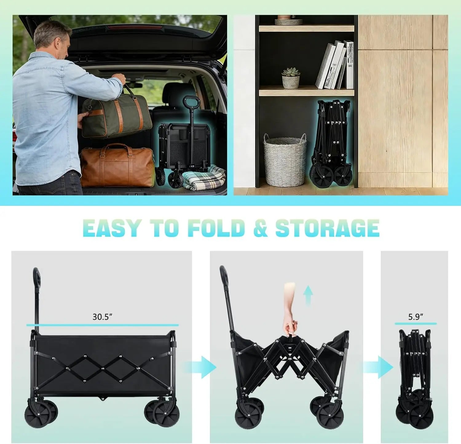 Collapsible Wagon Cart with Wheels Foldable - 360LBS Heavy Duty Folding Utility Wagon for Beach Camping Grocery Shopping