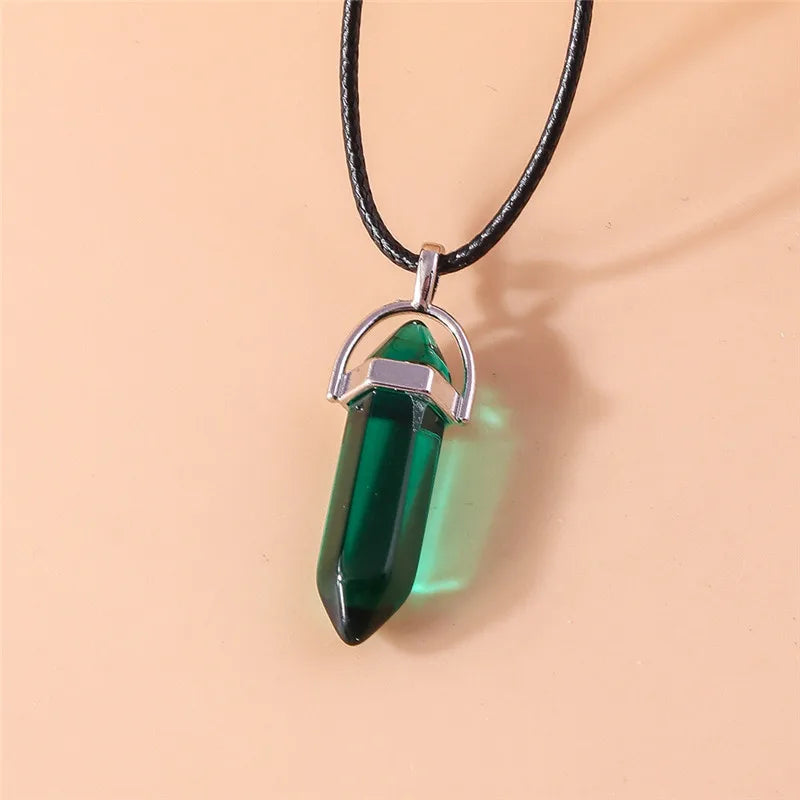 Stone Quartz Gem, Pink Crystal Stone Hexagonal Column Pendant, Necklaces, Leather Chain Bullet Necklace