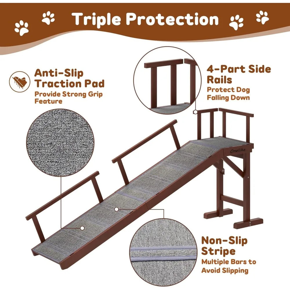 Wooden Dog Ramp for Bed with Removable Side Rail and Non-Slip Carpet, Stable Pet Ramp Stair for Couch Sofa for Small & Large