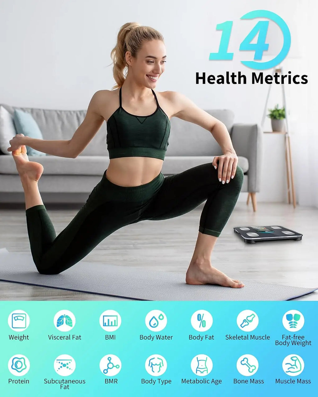 Smart Body Fat Scale with 4-Electrode BIA, 7-in-1 Display, 14 Metrics in App, Trend Tracking, Max 400lb