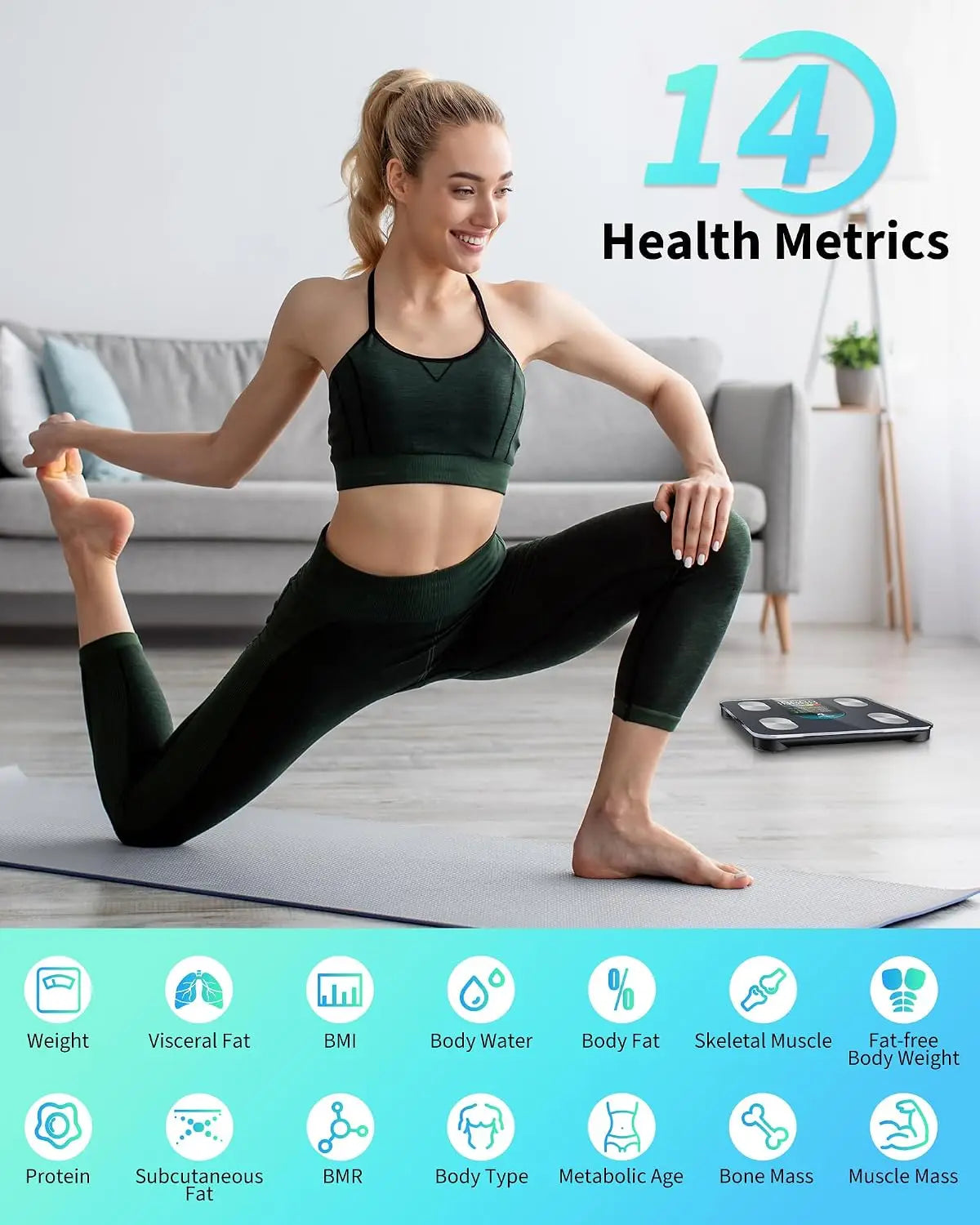Smart Body Fat Scale with 4-Electrode BIA, 7-in-1 Display, 14 Metrics in App, Trend Tracking, Max 400lb