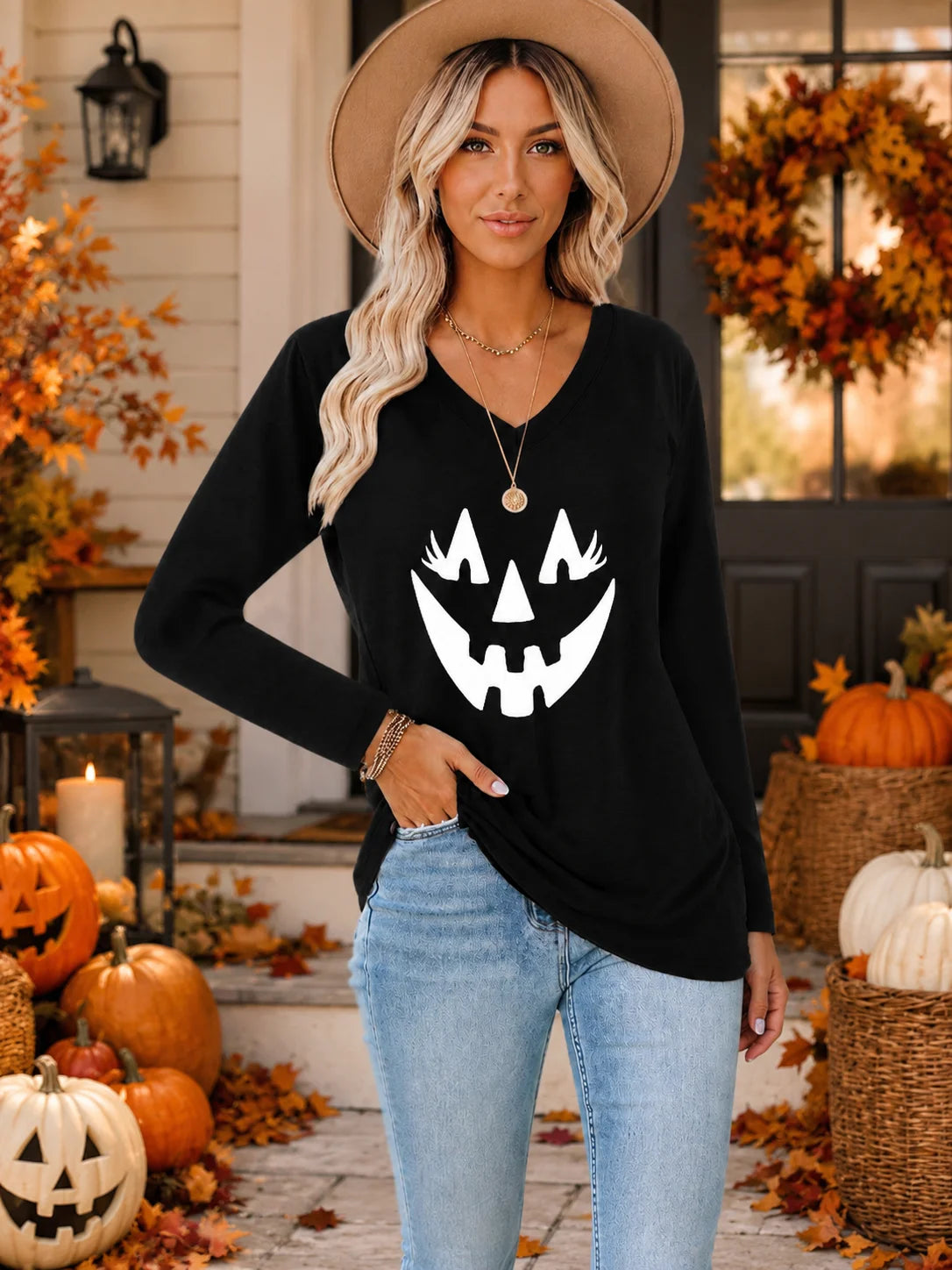 Halloween Pumpkin Graphic Long Sleeve Shirts for Women V Neck Cute Eyelash Pumpkin Face Tee Casual Loose Fall Holiday Outfit Tops