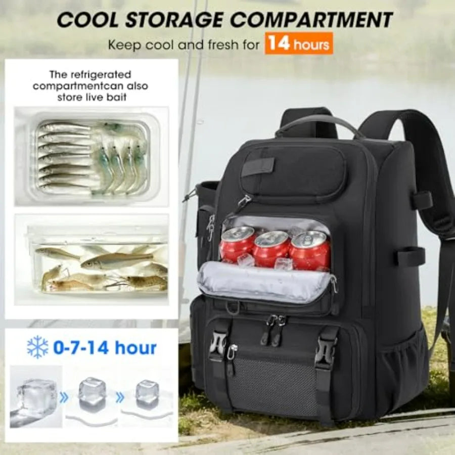 Fishing Backpack for Outdoor Use, Water-Resistant Polyester, Gray, 40L Capacity with Rod Holders, Built-in Cooler Rain Cover
