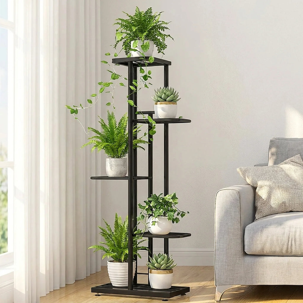 5 Tier Black Metal Plant Stand, Narrow Indoor Outdoor Plant Rack With Grid Shelves For Balcony or Corner
