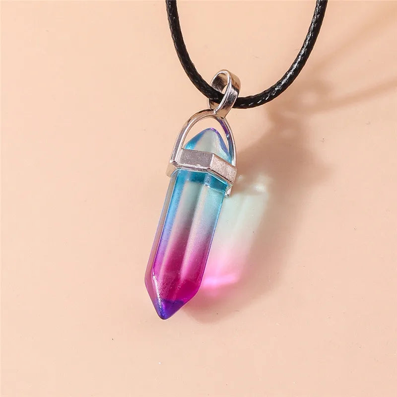 Stone Quartz Gem, Pink Crystal Stone Hexagonal Column Pendant, Necklaces, Leather Chain Bullet Necklace