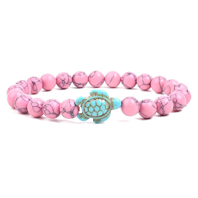 Women Men Unisex 8mm Turquoise Natural Stone Stretch Bracelet Sea Turtle Charm Beaded Friendship Summer Beach Wrist Jewelry