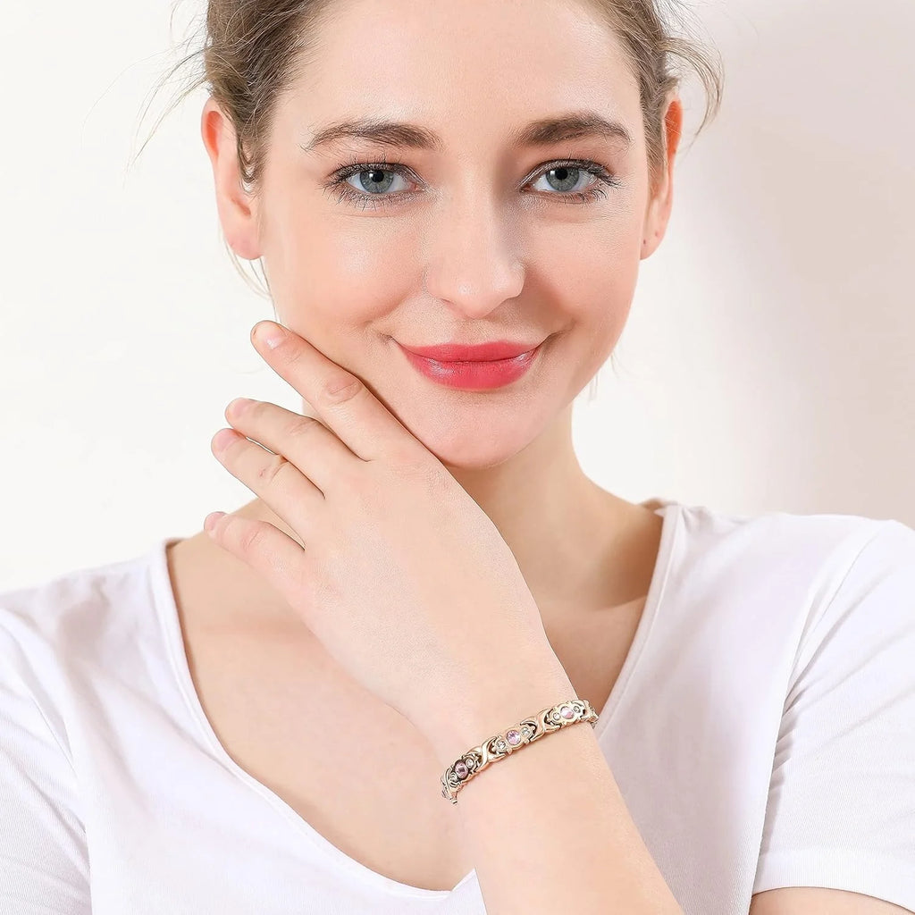 Pure Copper Bracelets for Women, Ultra Strength Magnetic Therapy Bracelet for Pain Relief with Neodymium Magnets & Sparkling Cubic Zirconia, Adjustable, Infinite Clover Jewelry