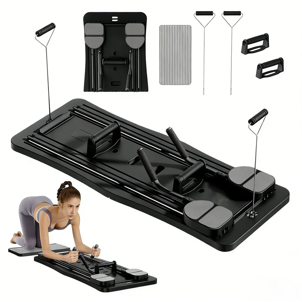 Multi-Functional Pilates Reformer Board with Counter, Foldable Sliding Workout Board for Full Body Training, Abdominal Leg Arm Home Fitness Equipment with Resistance Bands