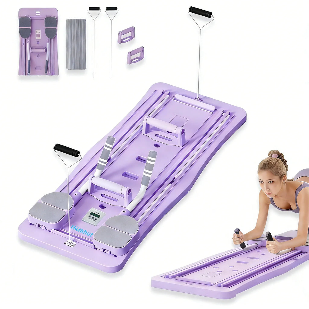 Multi-Functional Pilates Reformer Board with Counter, Foldable Sliding Workout Board for Full Body Training, Abdominal Leg Arm Home Fitness Equipment with Resistance Bands