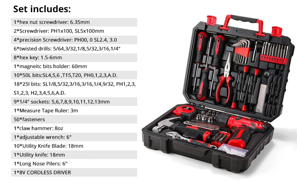 Drill Set Tool Set with 8V Red Cordless Drill, Home Tool Kit with Drill, Hand Tool Kits for Women 126 Piece