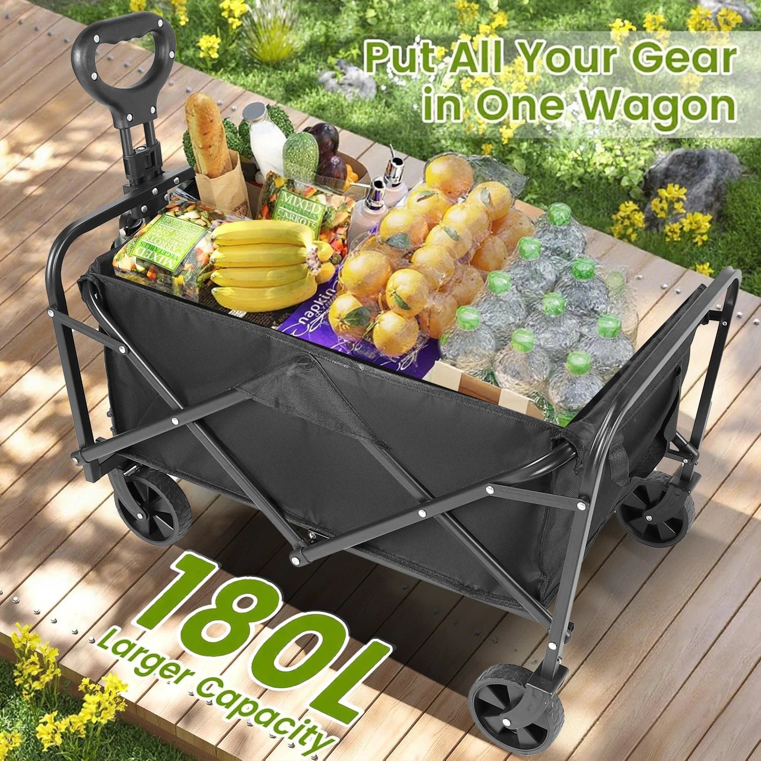 Heavy Duty Wagon Carts, Foldable, Portable Wagons, Beach Cart with All-Terrain Wheels and  Drink Holders, Utility Wagon