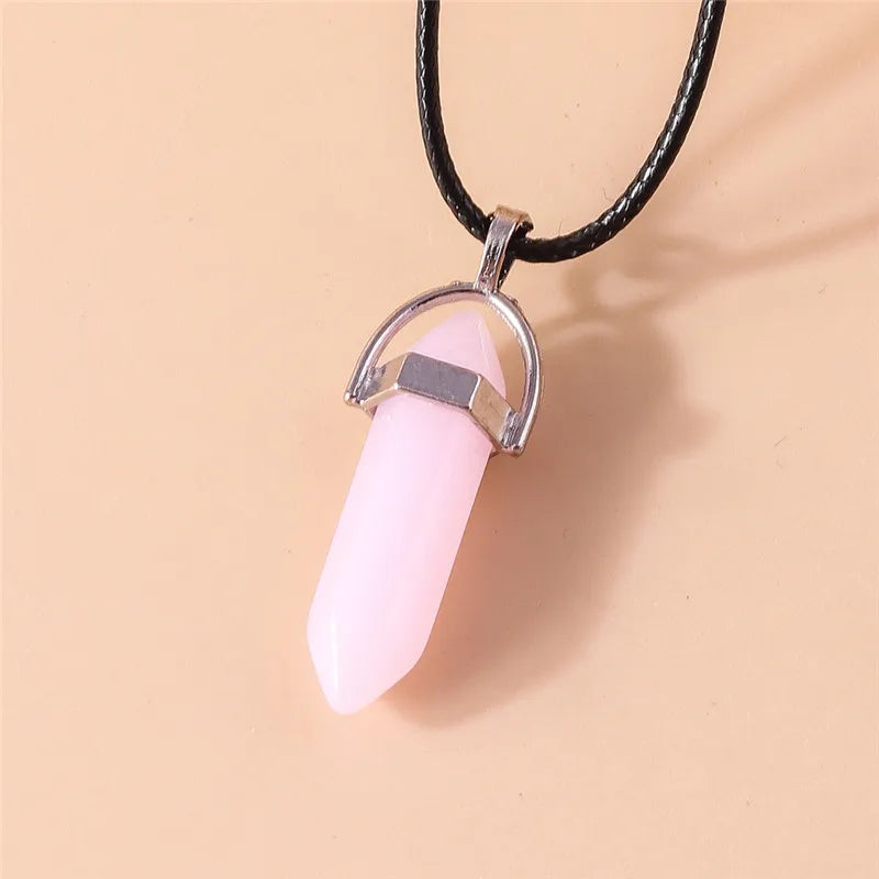 Stone Quartz Gem, Pink Crystal Stone Hexagonal Column Pendant, Necklaces, Leather Chain Bullet Necklace