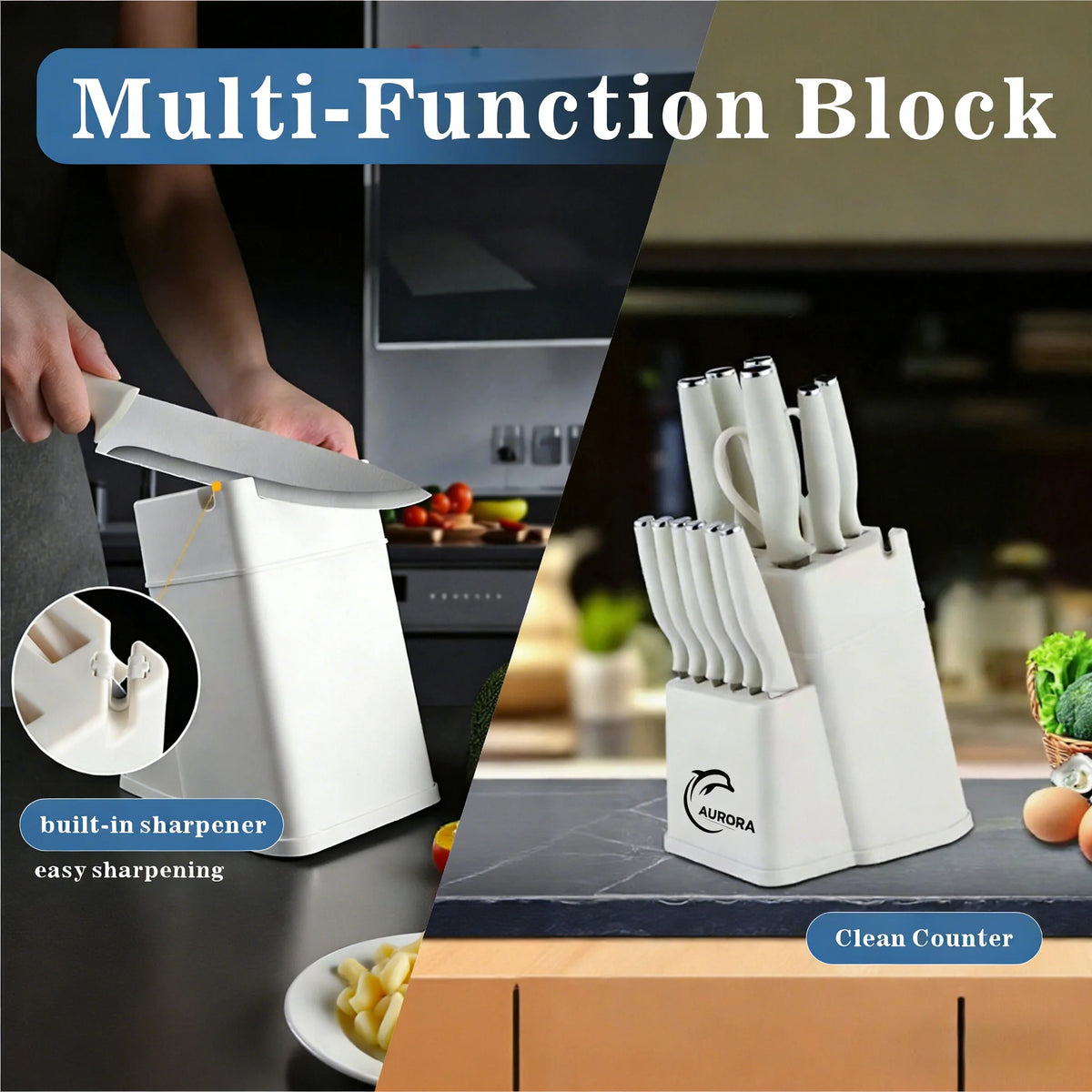 15PCS Kitchen Knife Set with Block & Sharpener, Stainless Steel Knives, Dishwasher Safe, Rust Resistant, Ergonomic Handle