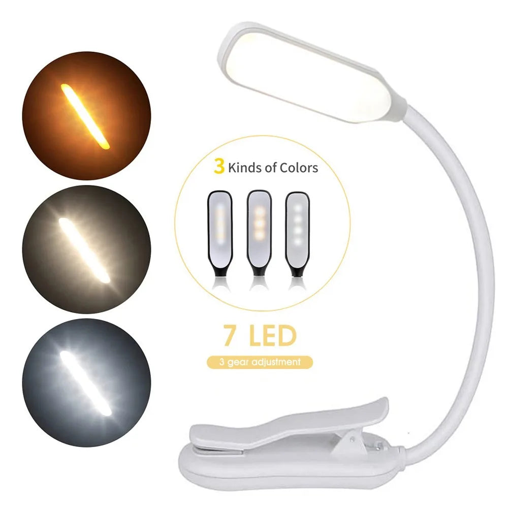 LED Book Light, USB Rechargeable Reading Light, 3-Level Warm Cool White Daylight, Portable Flexible, Easy Clip Night Reading Lamp