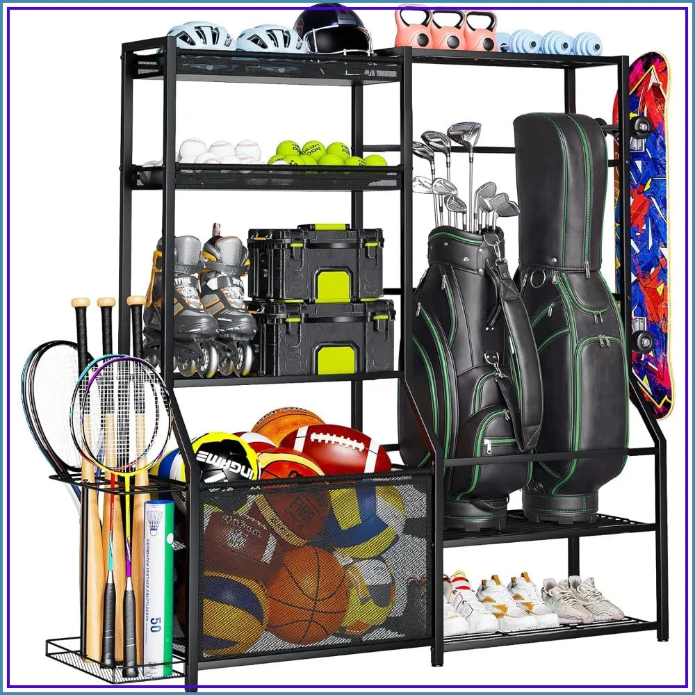 Large Sports Organizer for Garage, Ball Storage Rack with Side Racks, Baskets, Hooks, Multi-Purpose Golf Gear Storage for Gym Indoor Outdoor