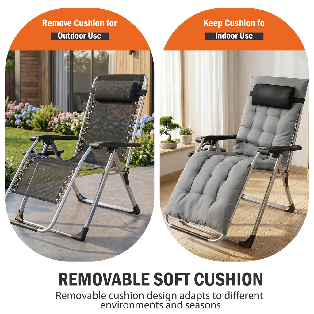 Zero Gravity Reclining Camping Lounge Chair for Outdoor Soft Cushion Patio Chairs with Cup Holder Trays and Removable Cushion Folding Recliner for Indoor