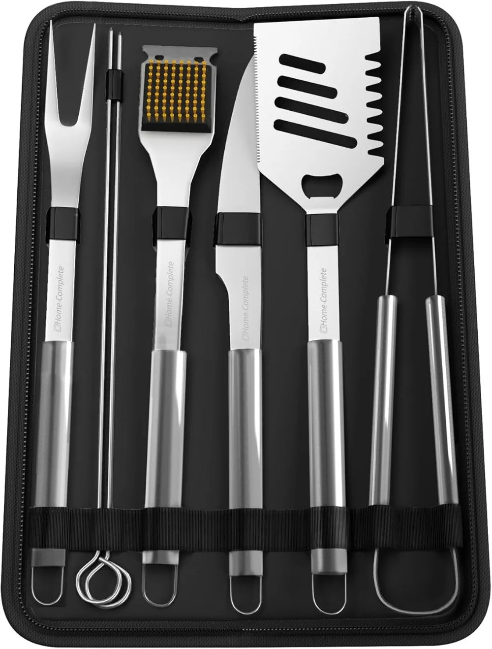 7-Piece BBQ Grill Tool Kit - Stainless Steel Set with Spatula, Tongs, Fork, Knife, Brush, Skewers & Case