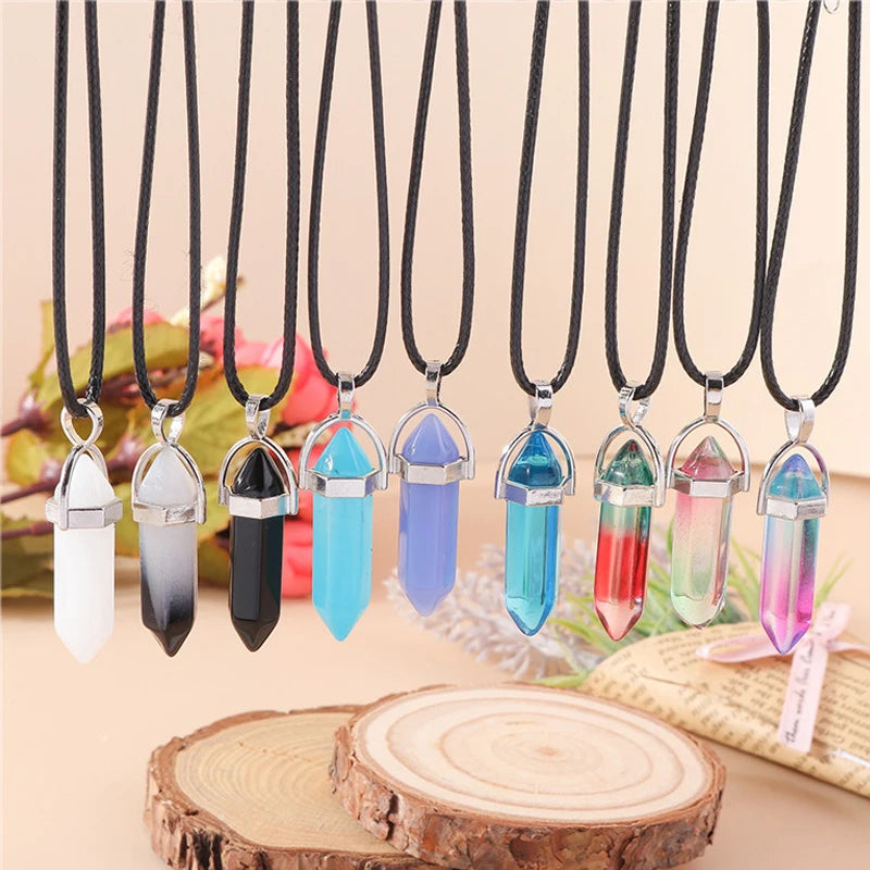 Stone Quartz Gem, Pink Crystal Stone Hexagonal Column Pendant, Necklaces, Leather Chain Bullet Necklace