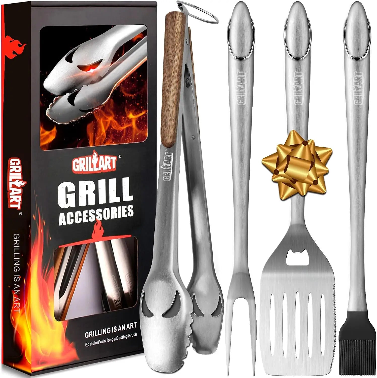 18-Inch Stainless Steel BBQ Tools Set - 4-Piece Grilling Kit with Tongs, Spatula, Fork & Brush