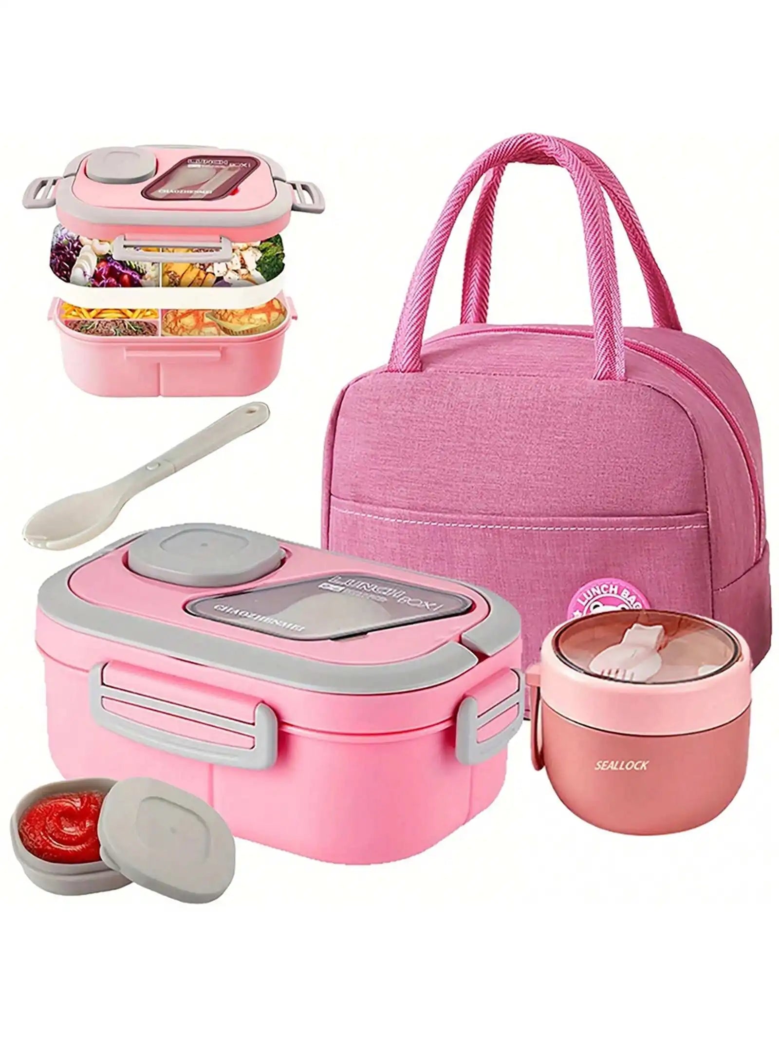 2-Layer Multi-Compartment Lunch Box Set: Lunch Box + Cup + Bag. Includes Cutlery And Sauce Container. Microwave-Security, Suitab