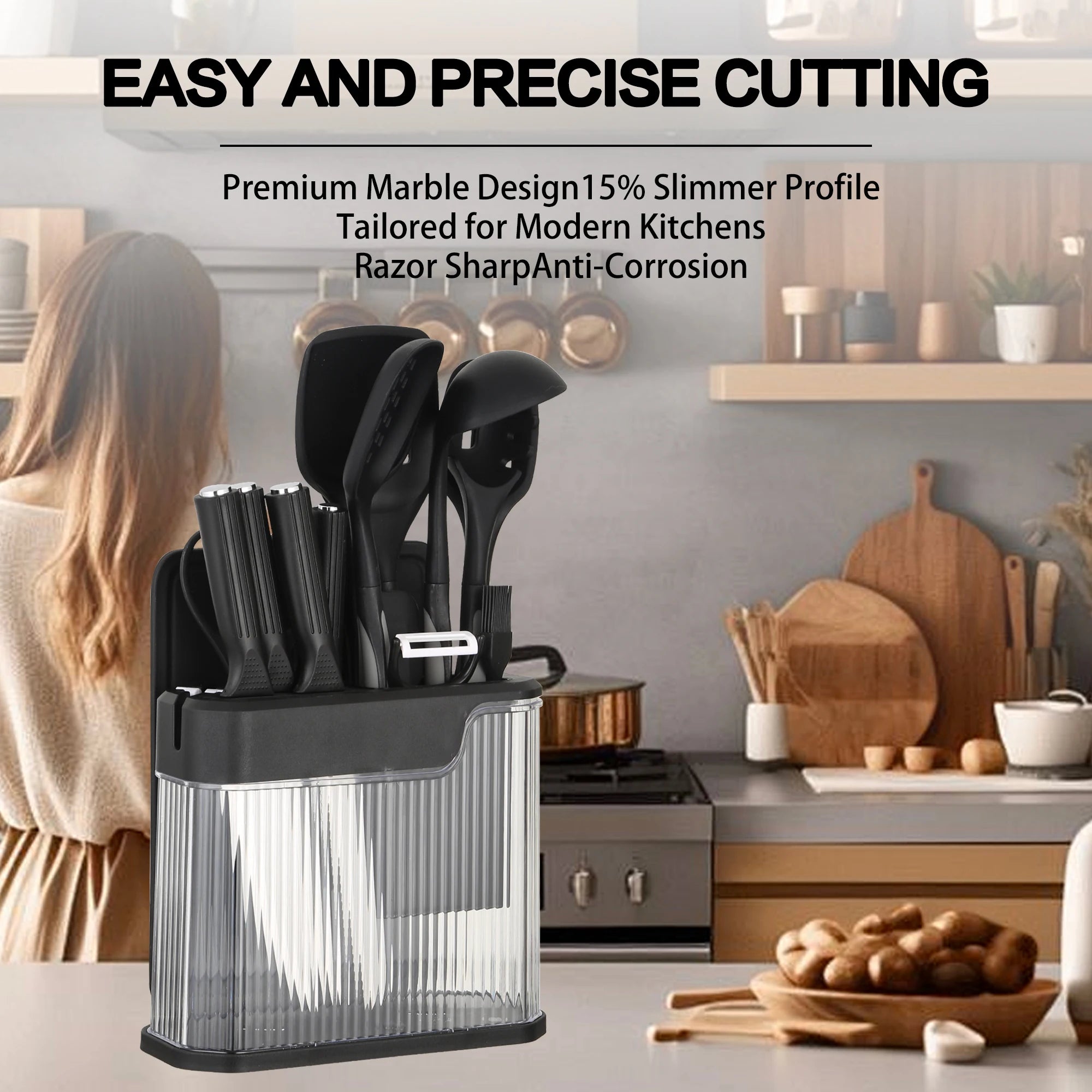17Pcs Silicone Kitchen Utensils Set with Knife Block Stainless Steel Kitchen Knives Set Non-Stick Cooking Tools Scissors Peeler