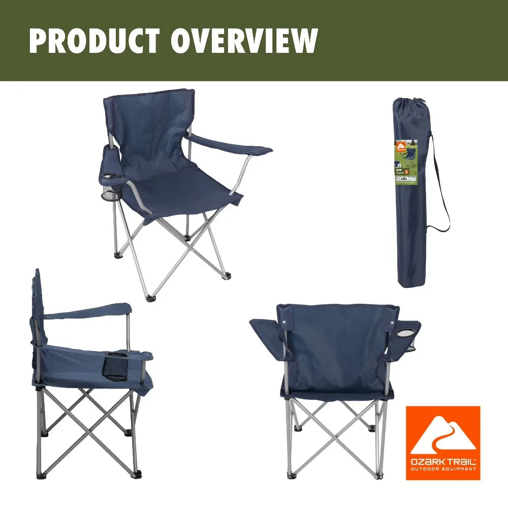 Folding Camping Chair with Cup Holder Quad Portable Outdoor Seat for Beach Fishing Picnic Dark Blue