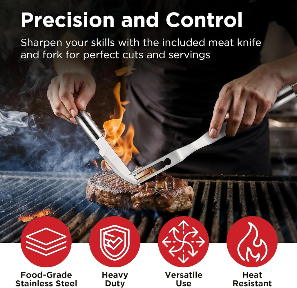 30-Piece BBQ Grill Set, Heavy Duty Stainless Steel with Meat Thermometer, Case & Apron, Gift
