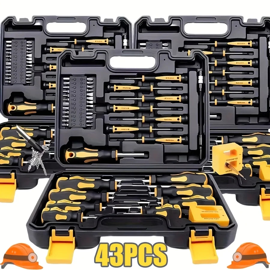 43-piece Magnetic Screwdriver Set, featuring magnetized and demagnetizing tools — including interchangeable screwdriver bits, ergonomic handles, and a magnetic base — designed for manual tools used in automotive and elect