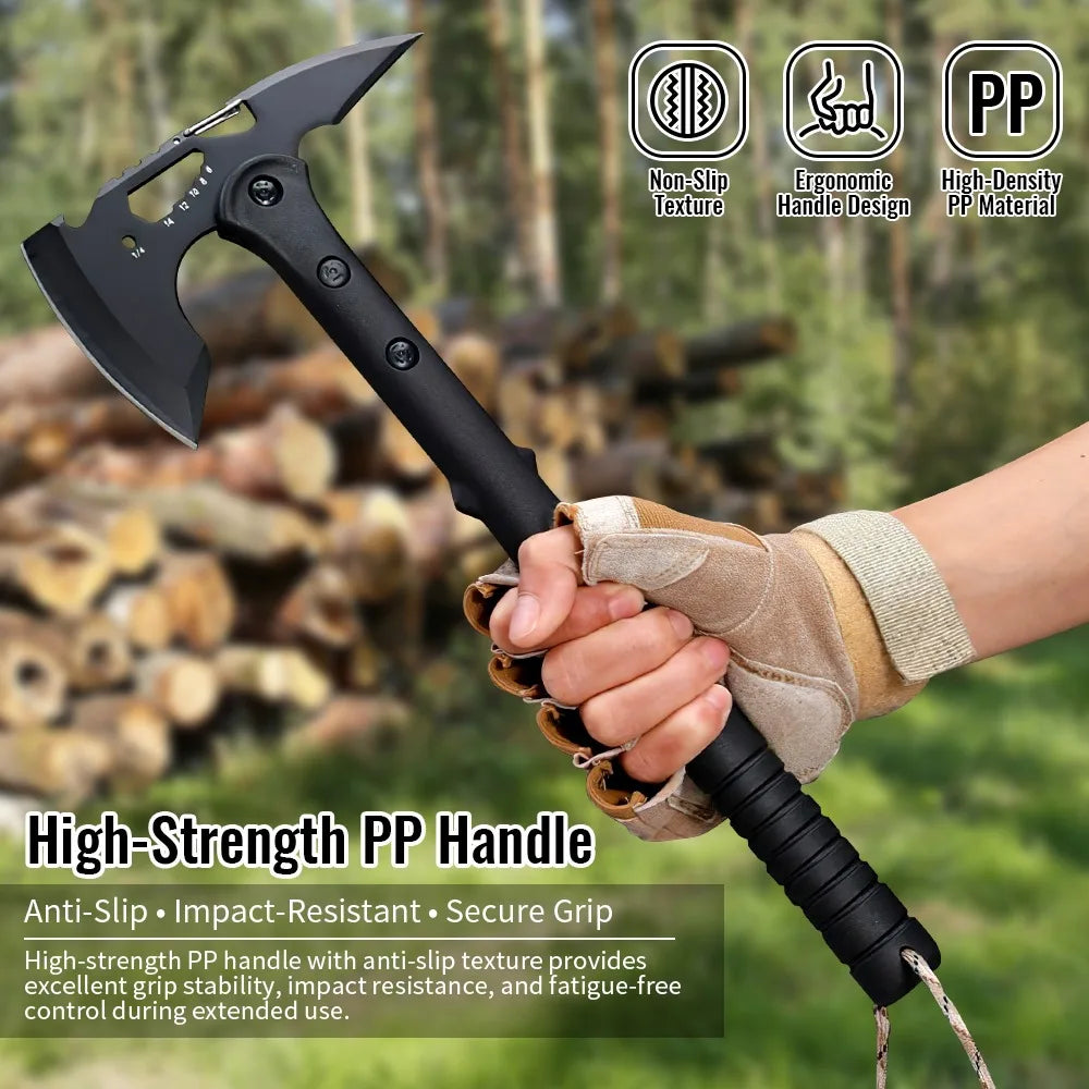 15 Inch Outdoor Tactical Axe Camping Axe with Sheath Multifunctional Tail Cone Pointed Tomahawk, Camping Survival Mountain Axe