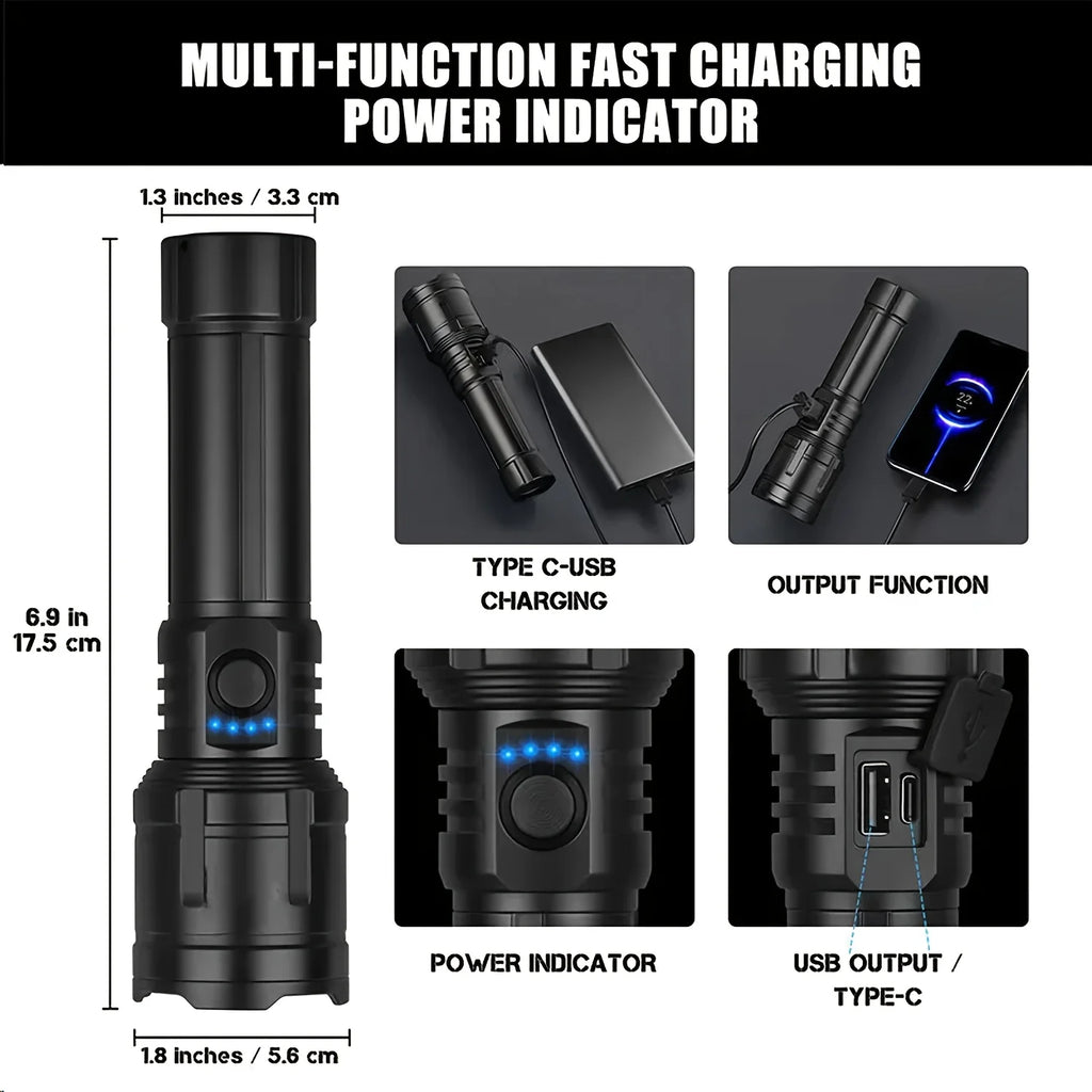 Zoomable LED Flashlight with Lens Ignition Function, Rechargeable High Power Tactical Flashlight, USB Charging with Power Indicator Light, Perfect for Outdoor Camping, Survival & Emergency Use