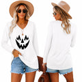 Halloween Pumpkin Graphic Long Sleeve Shirts for Women V Neck Cute Eyelash Pumpkin Face Tee Casual Loose Fall Holiday Outfit Tops