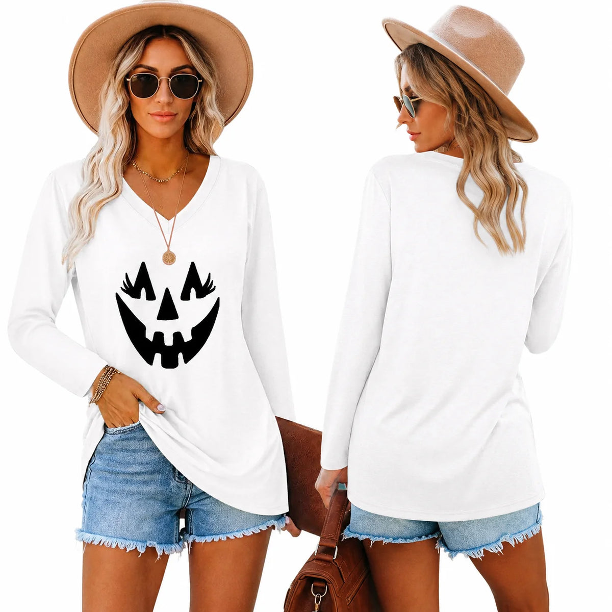 Halloween Pumpkin Graphic Long Sleeve Shirts for Women V Neck Cute Eyelash Pumpkin Face Tee Casual Loose Fall Holiday Outfit Tops