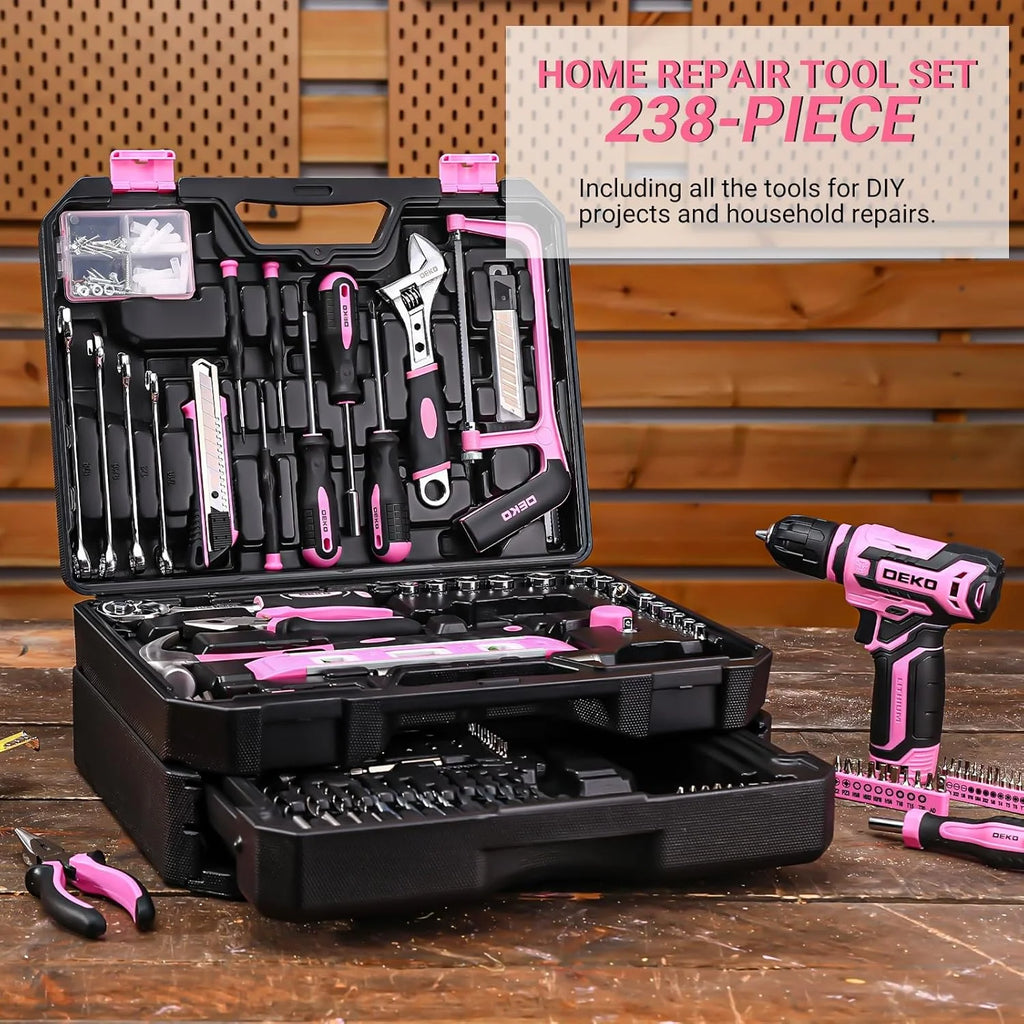 Home Toolbox with 12V Power Cordless Drill, Repair Tools, Case, Pink