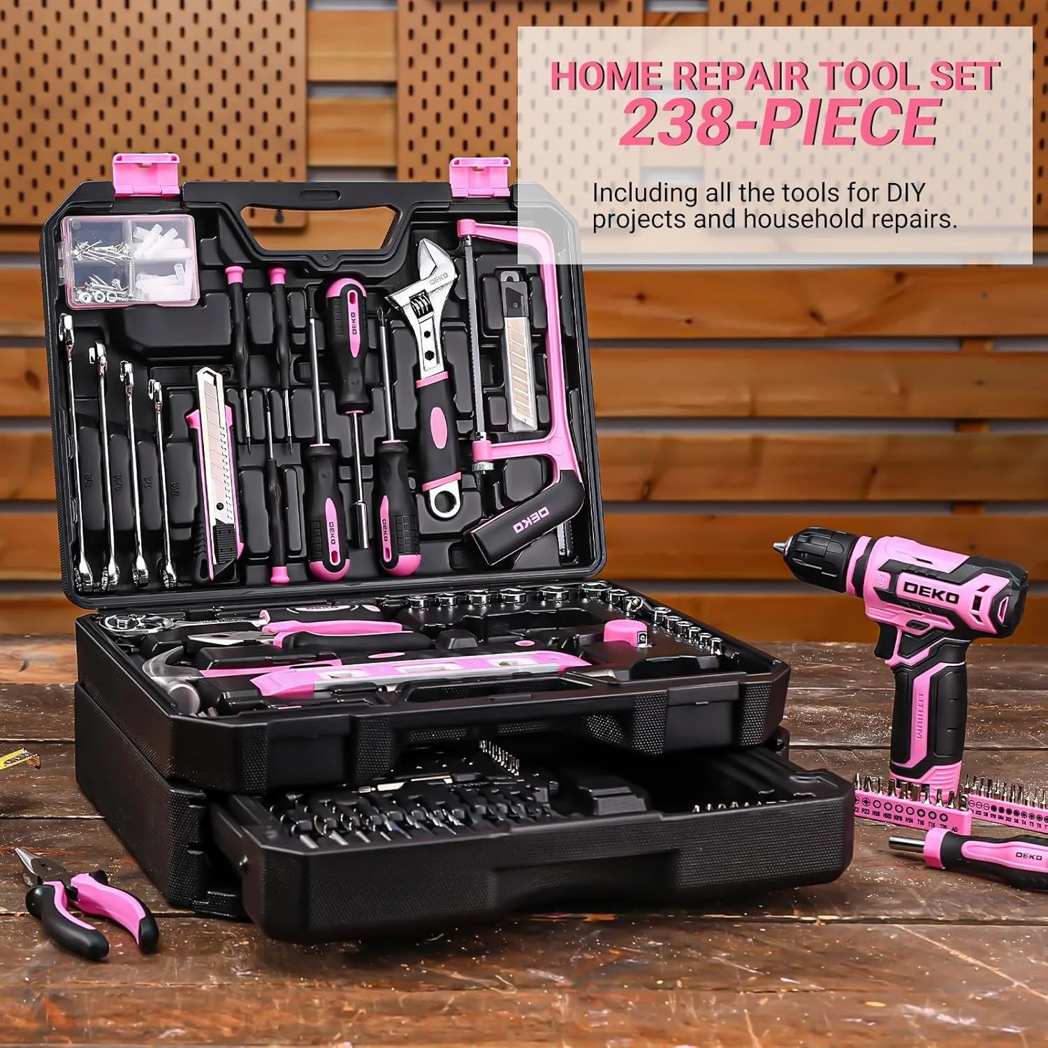 Home Toolbox with 12V Power Cordless Drill, Repair Tools, Case, Pink