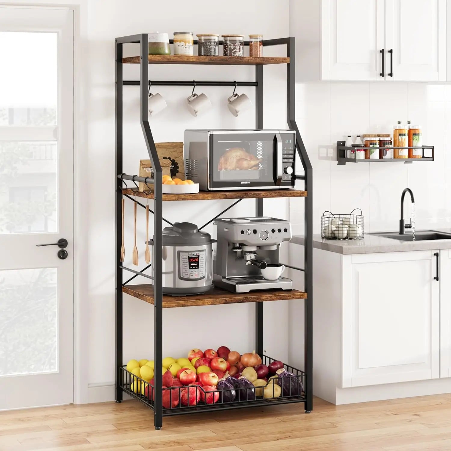 4-Tier Kitchen Bakers Rack & Microwave Oven Stand with Large Wire Basket, Industrial Coffee Bar Station with Hooks, Kitchen