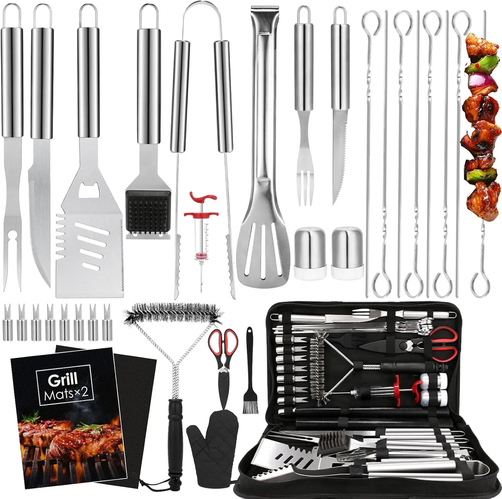BBQ Grilling Accessories Set, 34Pcs Heavy Duty Grill Tools for Outdoor Camping, Grilling Gifts for Men Dad, Stainless Steel Barbecue Utensils Kit with Mats and Glove in Carrying Bag, Brown