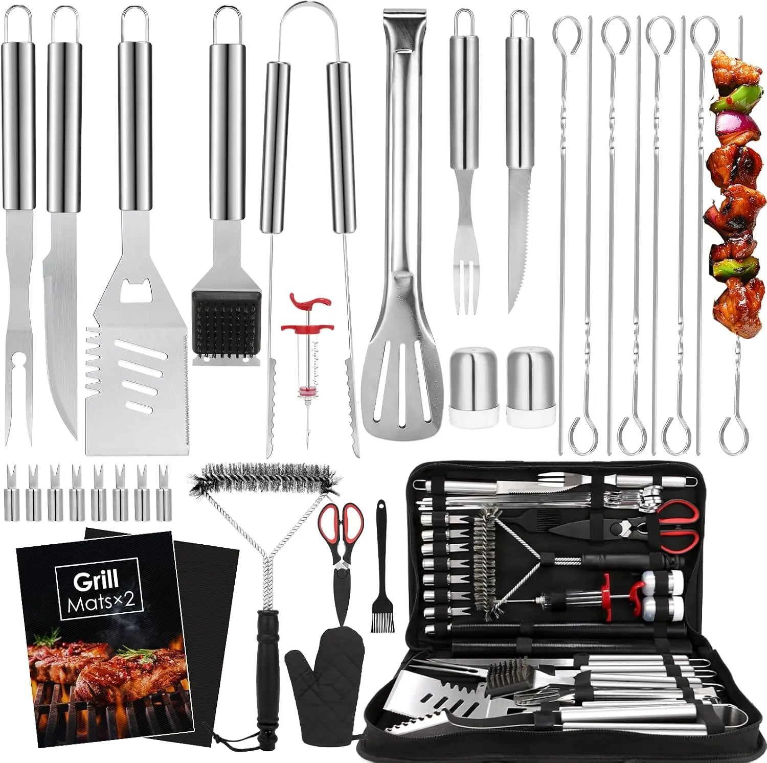 BBQ Grilling Accessories Set, 34Pcs Heavy Duty Grill Tools for Outdoor Camping, Grilling Gifts for Men Dad, Stainless Steel Barbecue Utensils Kit with Mats and Glove in Carrying Bag, Brown