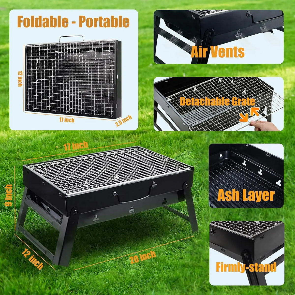 Portable Foldable Tabletop Charcoal BBQ Grill 17x12 Inch Lightweight Barbecue Grill Set With Grilling Tools For Camping Picnic Garden RV Backyard Outdoor Travel