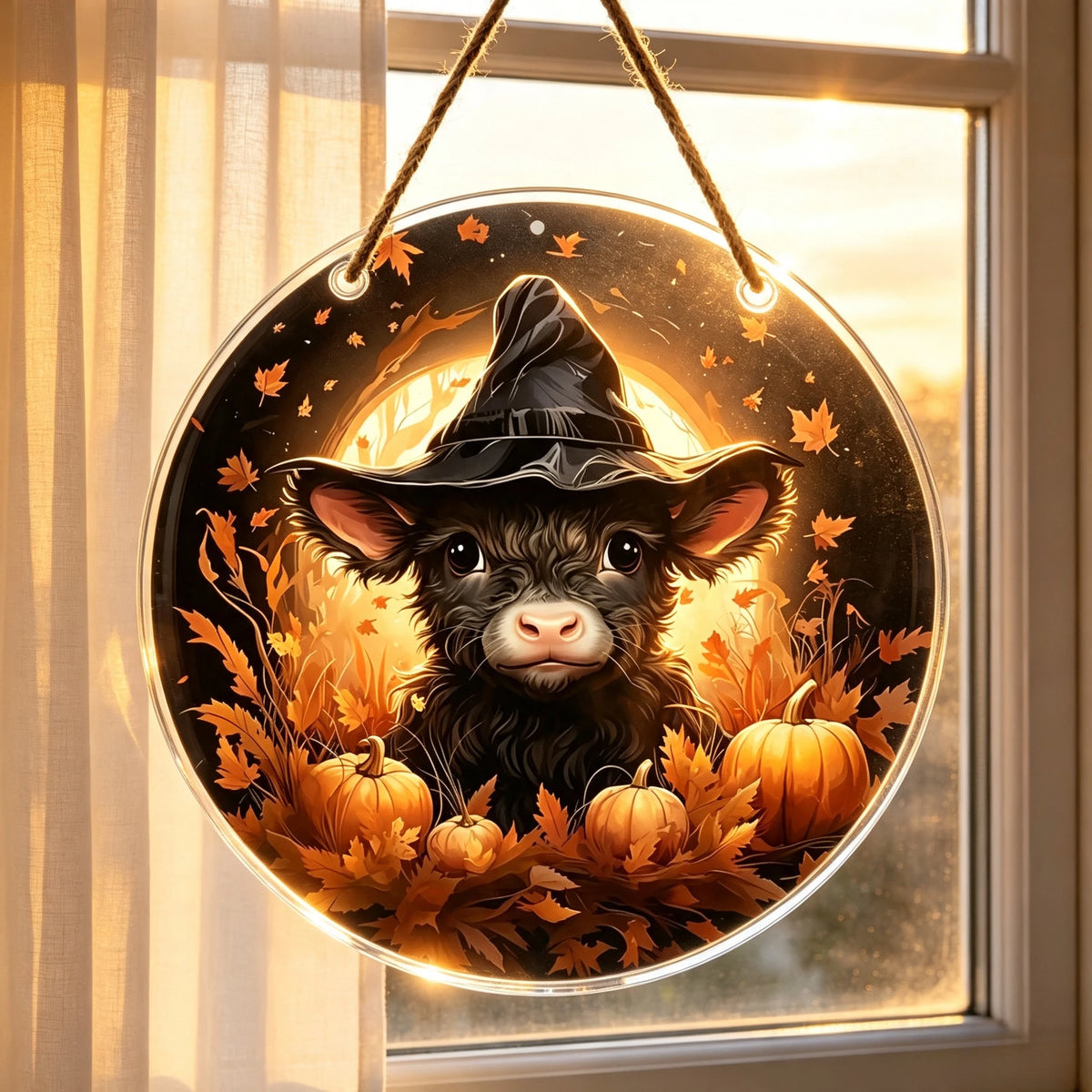 Highland Cow Witch Hat Pumpkin Halloween Round Acrylic Hanging Sign Fall Front Door Decor