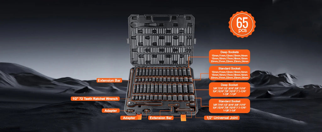 1/2" Drive Impact Socket Set,  6 Point Cr-V Alloy Steel, Easy-to-Read Size Markings, Rugged Construction