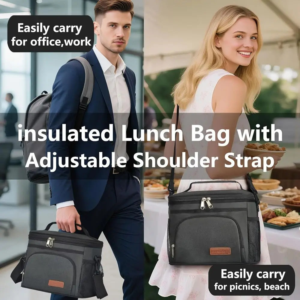 Insulated Lunch Bag - Reusable Cooler Tote for Men & Women, Ideal for Picnics, Hiking, Beach, with Adjustable Strap