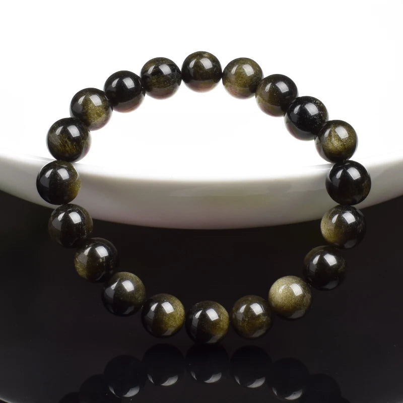 Golden Obsidian Stone Beads Bracelet Men Women Golden Light Rainbow Obsidian Raw Stone Round Bead Natural Energy Jewelry