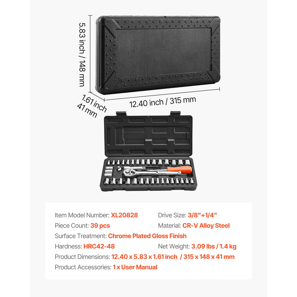 Socket Set 86 Pieces 3/8 ,1/4, or 1/2in Drive Socket and Ratchet Set, SAE Metric Mechanic Tool Kit with Ratchet Wrench