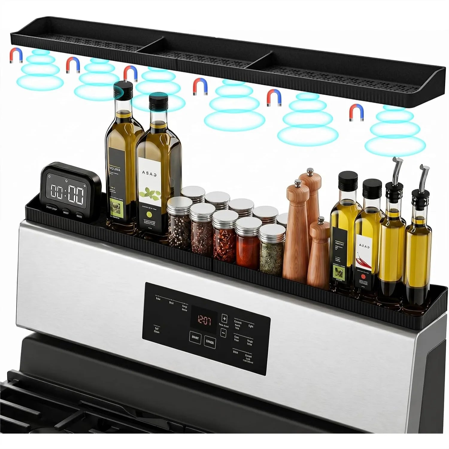 30" Magnetic Stove Top Shelf Silicone Spice Rack with 3 Compartments for Kitchen Organization