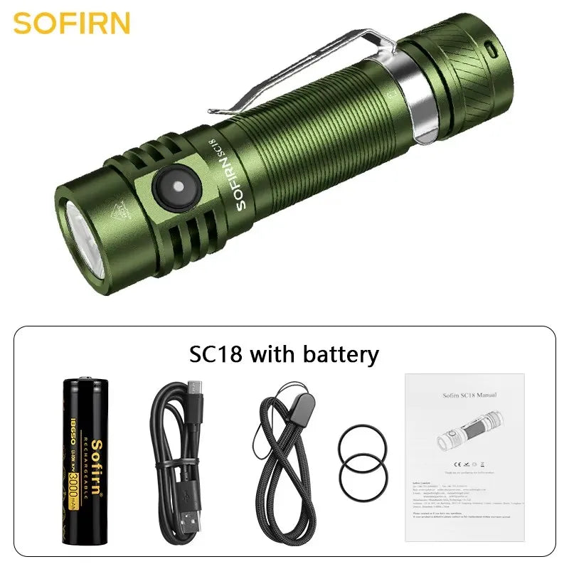 1800lm EDC Flashlight USB C Rechargeable SST40 LED 18650 Torch TIR Optics Lens Lantern with Power Indicator